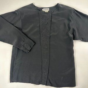 Rafaella Womens Vintage Silk Top Sz 6 Long sleeve Button Closure Embroidered